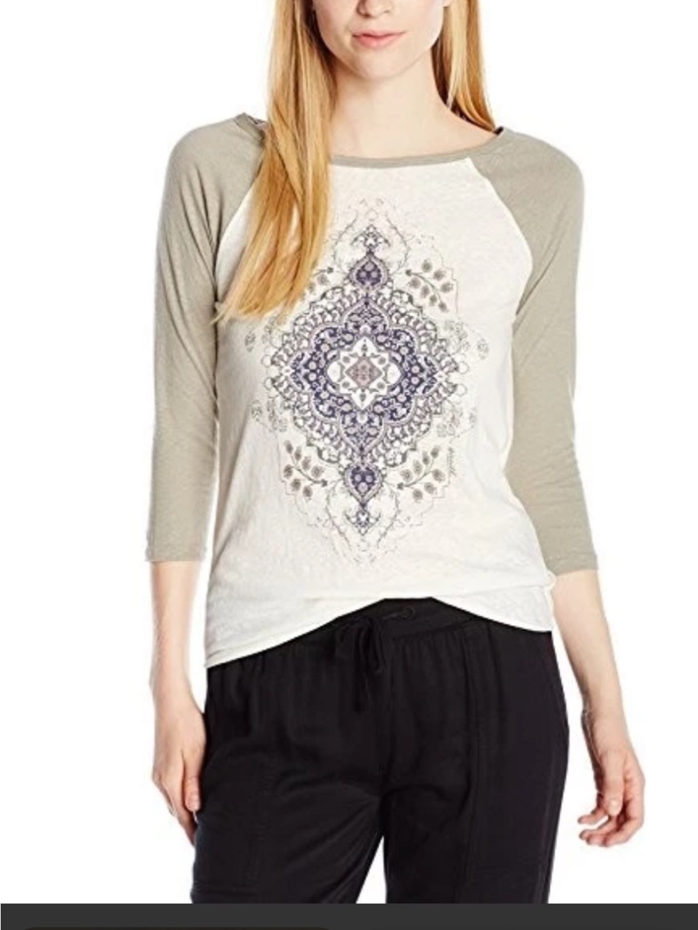 O'Neill Cream Raglan Tee with Olive Sleeves and Purple Medallion NWT